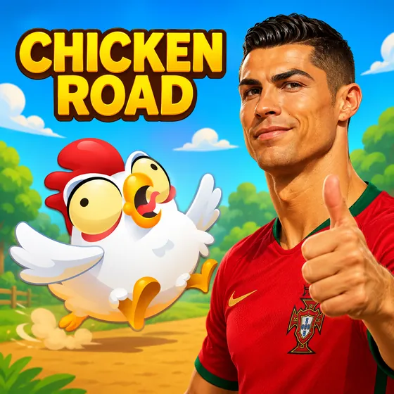 Cristiano Ronaldo zeigt den Daumen nach oben neben dem Huhn aus Chicken Road auf einer sonnigen Landstraße