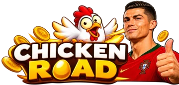 Schriftzug Chicken Road Ronaldo mit Goldmünzen, dem Huhn und CR7