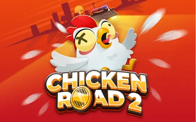 Banner zu Chicken Road 2.0 mit dem Huhn, das Autos ausweicht