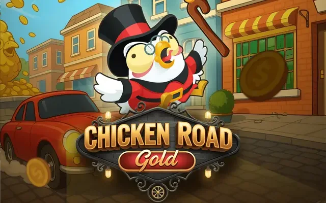 Banner zu Chicken Road Gold mit einem goldenen Huhn